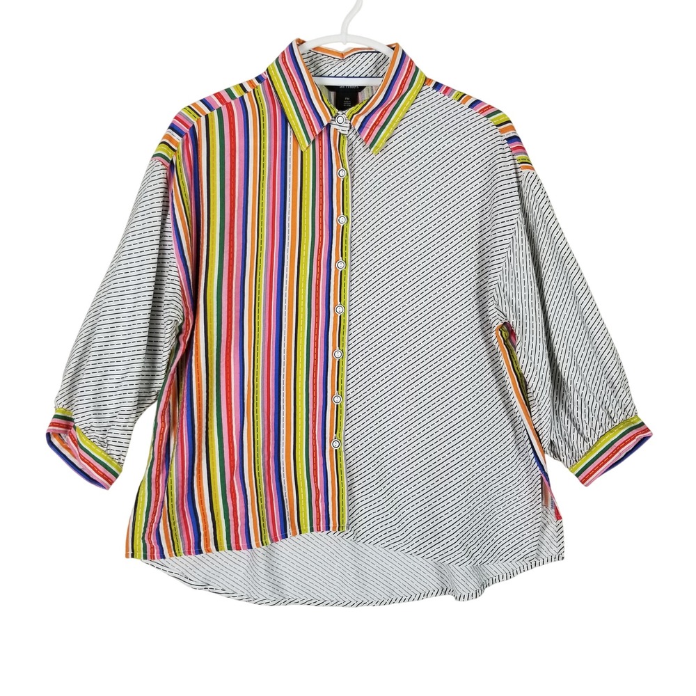 Ali Miles Button Front Shirt Women PM Multicolor Mixed Stripe Art to Wear Top